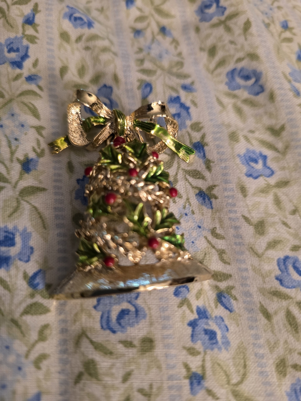Vintage Gold-Tone Holiday Bell Brooch with Green Enamel Leaves and Red Berries